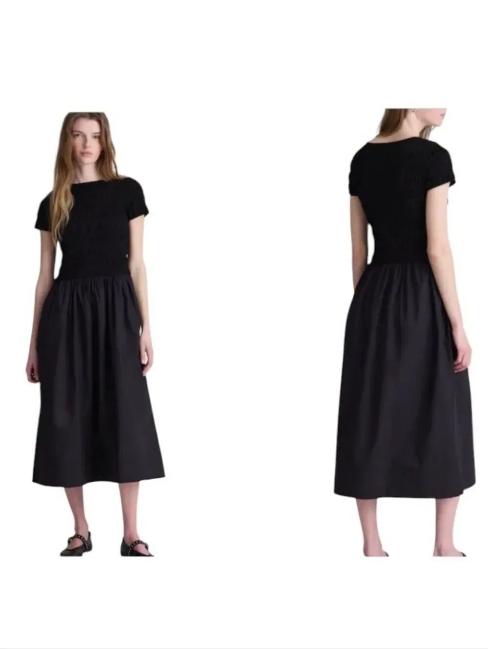 NWT Madewell Smocked Boatneck Midi Dress Black Size M